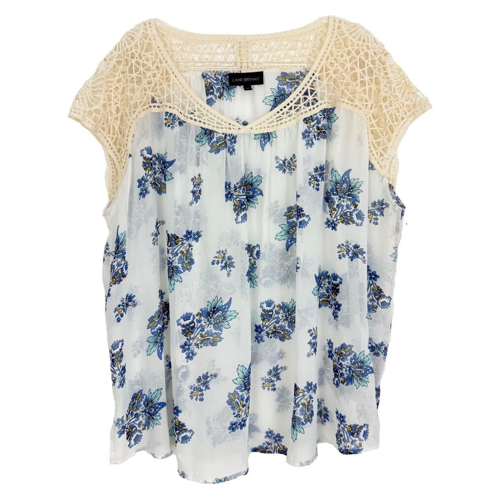 LANE BRYANT Boho Floral Crochet Blouse 20 Printed Sheer Lightweight Top EUC B31